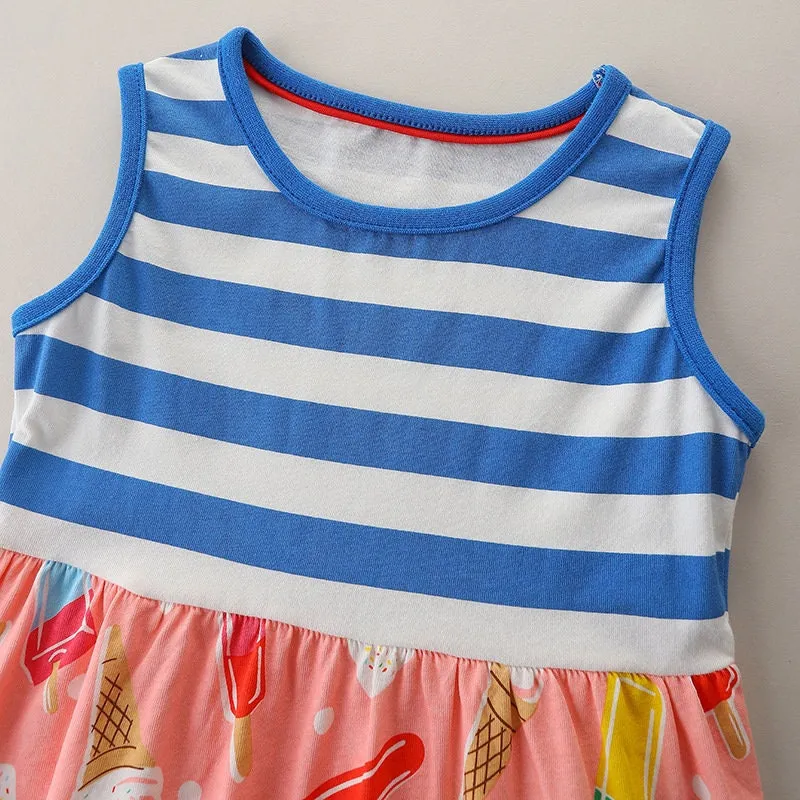 Ice-Cream Pattern Sleeveless Girls Striped Summer Dress