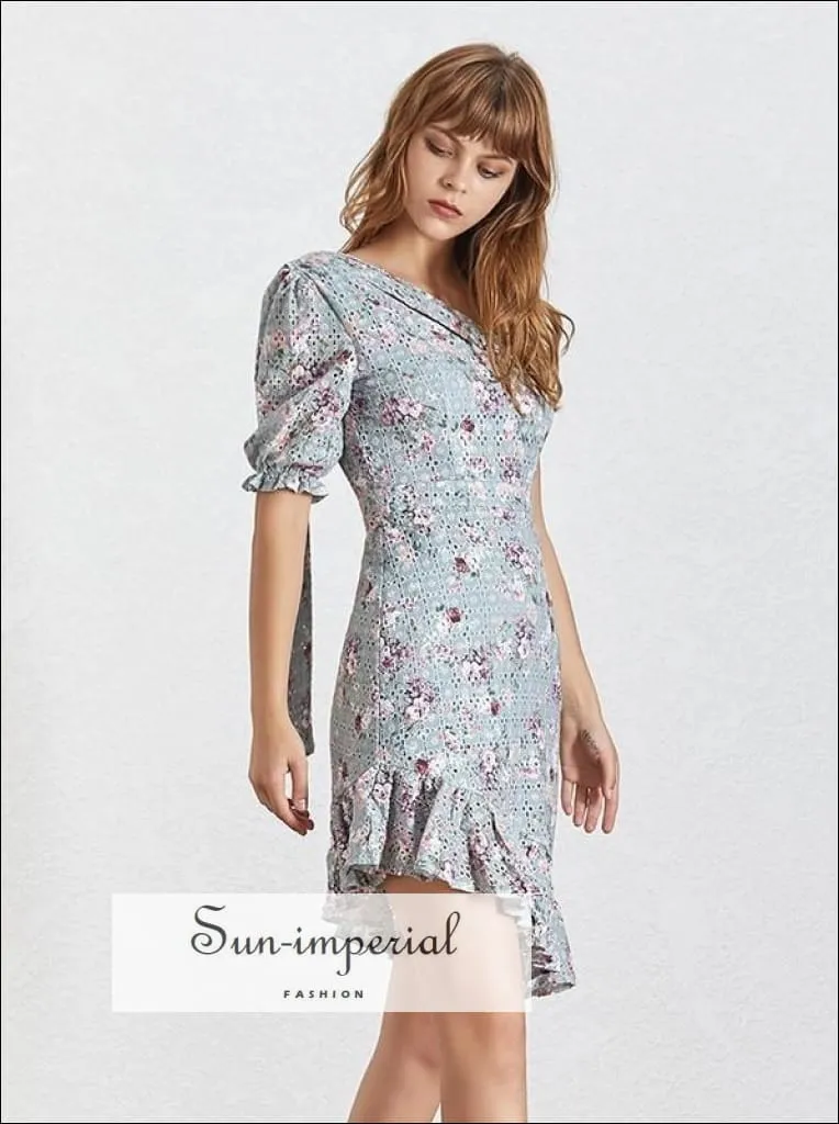 Ithaca Dress - One Shoulder Floral Print Mini Dress Half Sleeve High Waist Lace Ruffles Asymmetrical