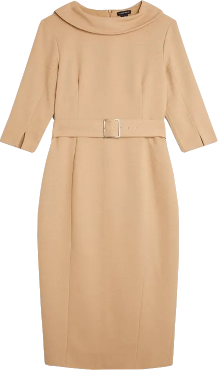 Karen Millen Beige Tailored Structured Crepe Roll Neck Pencil Midi Dress UK 8