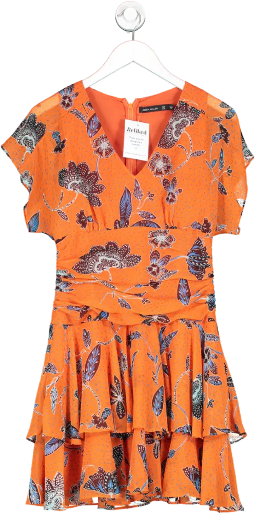 Karen Millen Orange Graphic Floral Woven Mini Dress UK 10