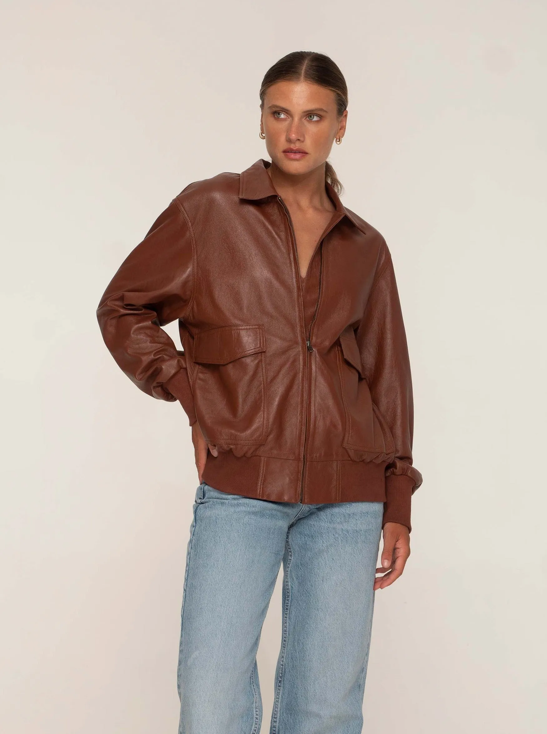 KENNEDY LEATHER AVIATOR JACKET - WHISKEY