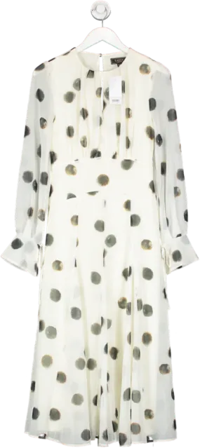 lipsy london White Long Sleeve Gathered Waist Spot Midi Dress UK 8