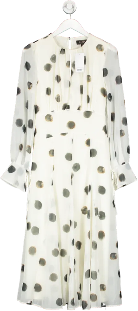 lipsy london White Long Sleeve Gathered Waist Spot Midi Dress UK 8