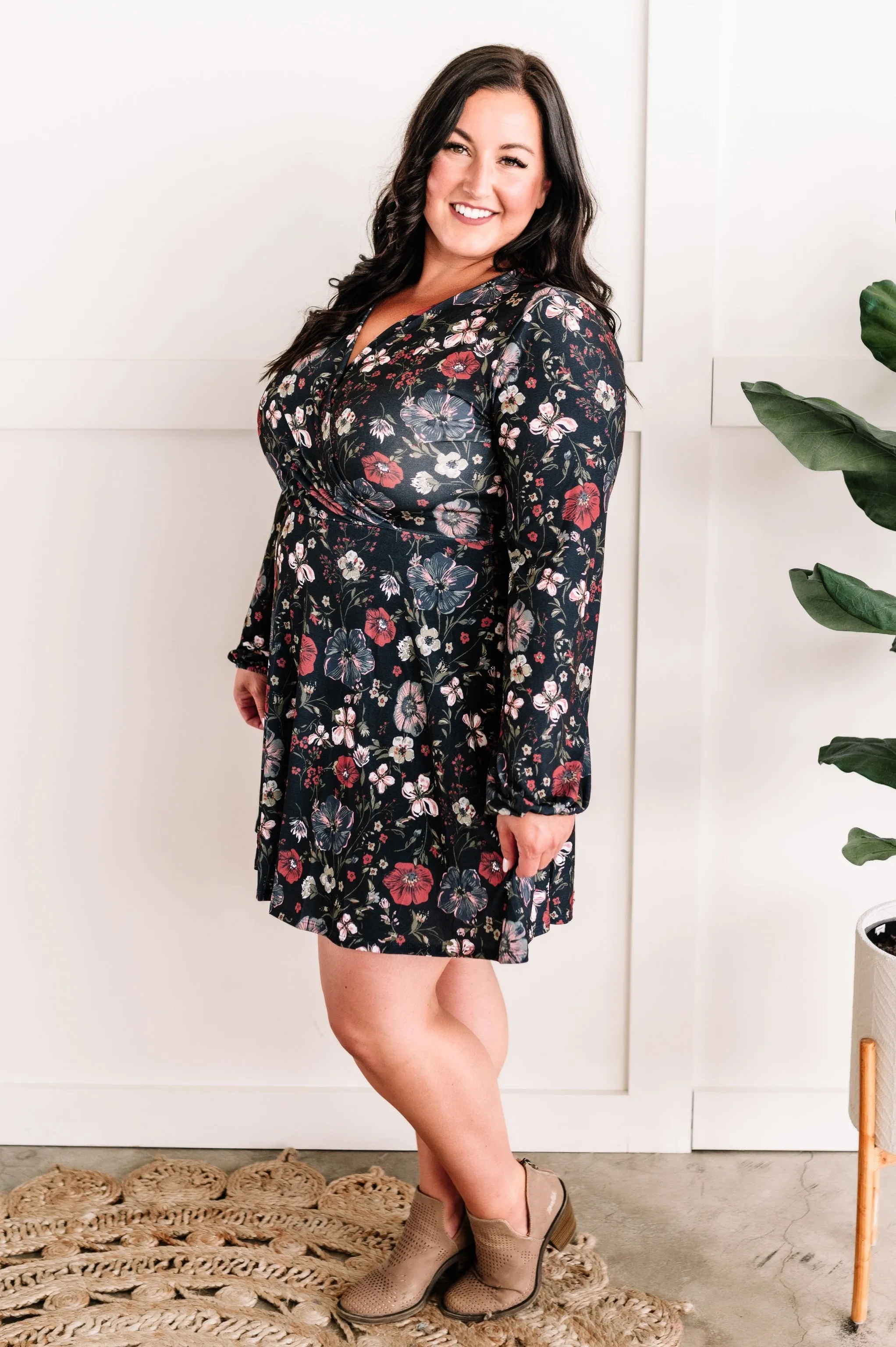 Long Sleeve Surplice Dress With Attached Shorts In Navy Florals