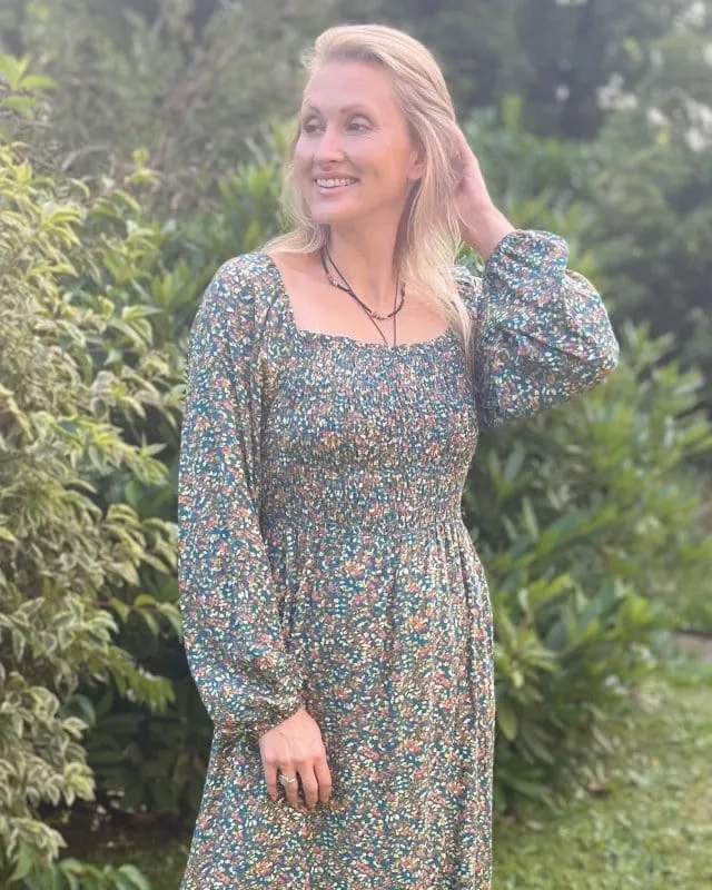 Long Sleeved Ditsy Berries Print Dress - Teal