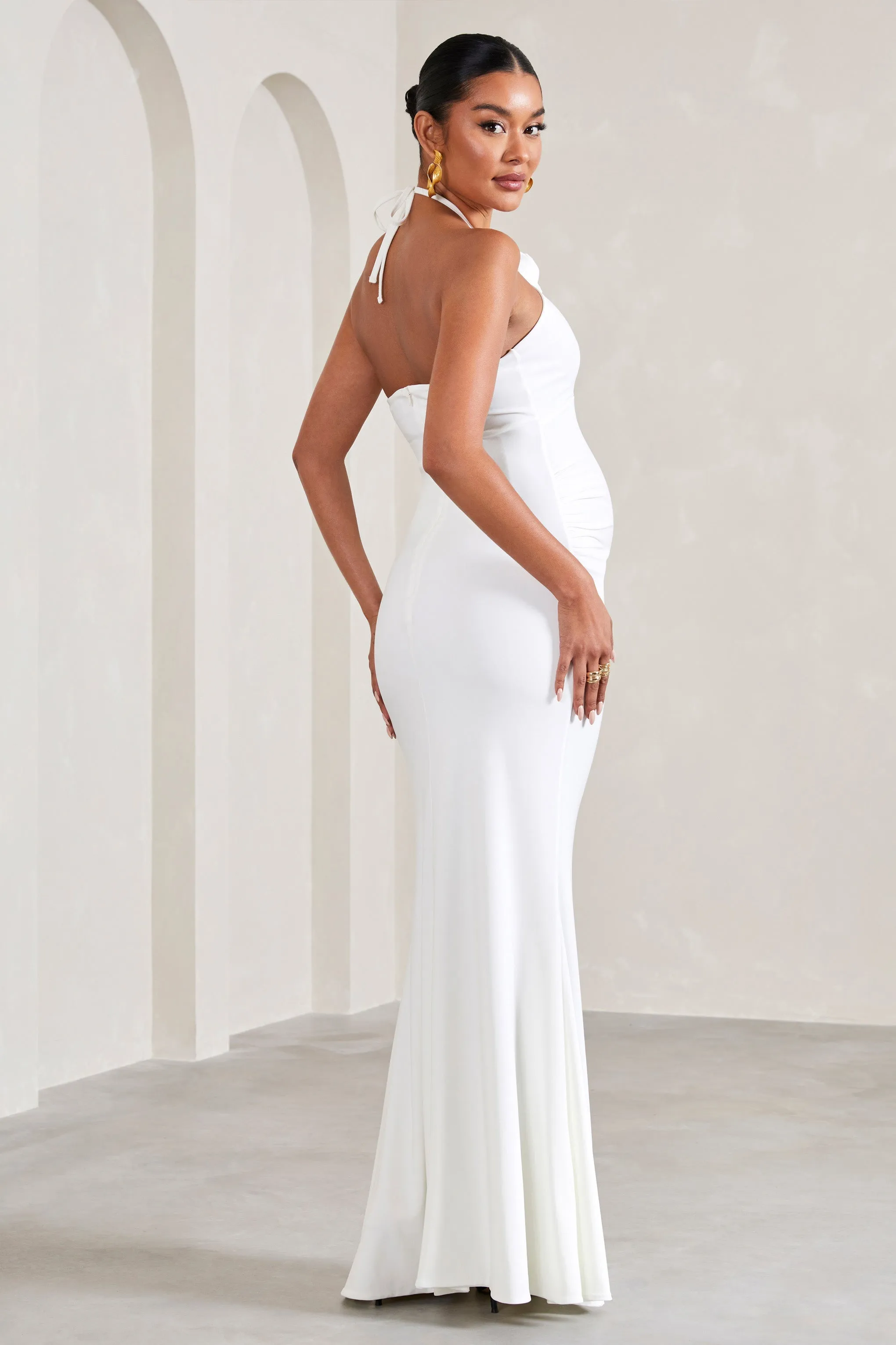 Loving | White Halter-Neck Maternity Maxi Dress With Flower Corsage