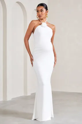 Loving | White Halter-Neck Maternity Maxi Dress With Flower Corsage