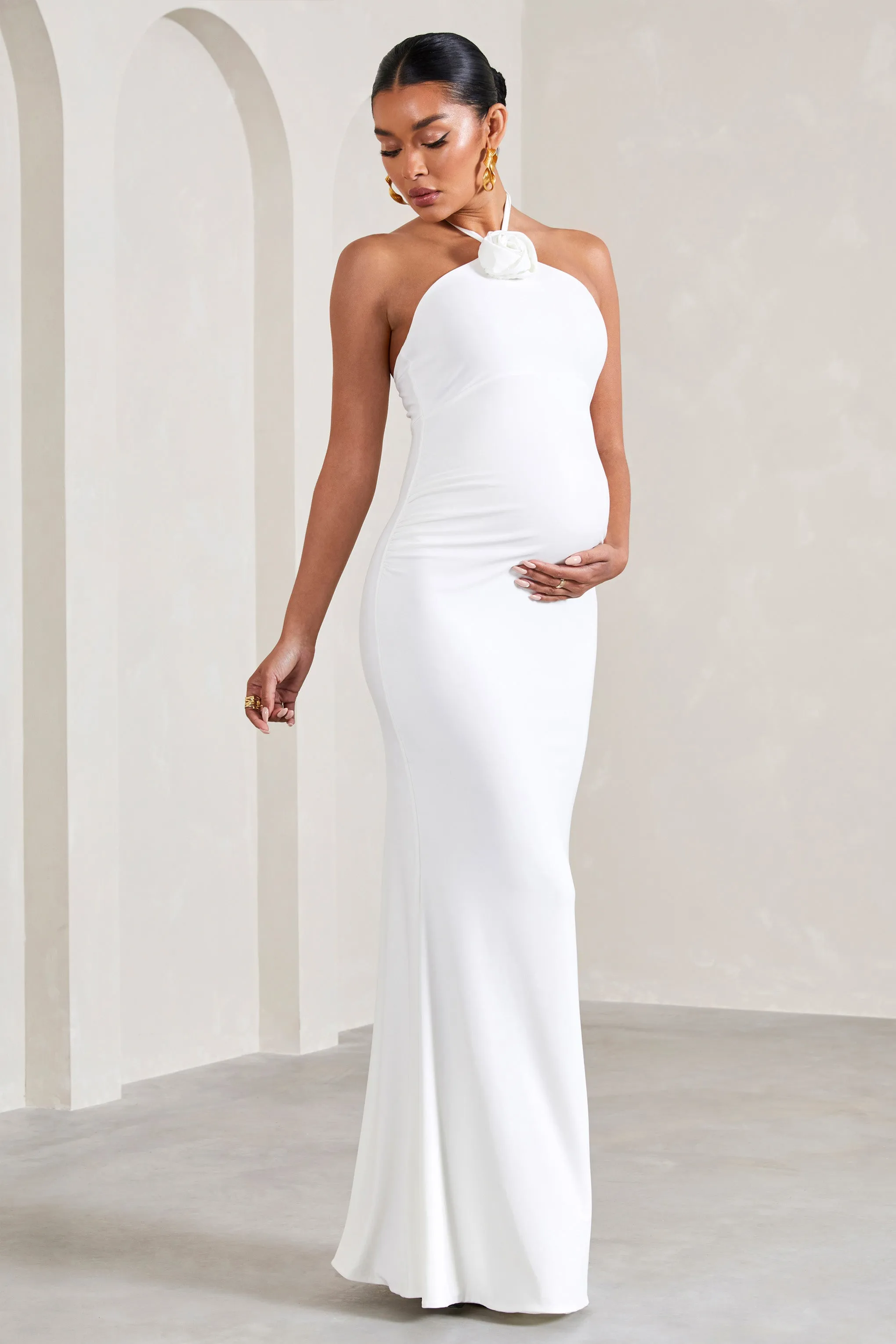 Loving | White Halter-Neck Maternity Maxi Dress With Flower Corsage