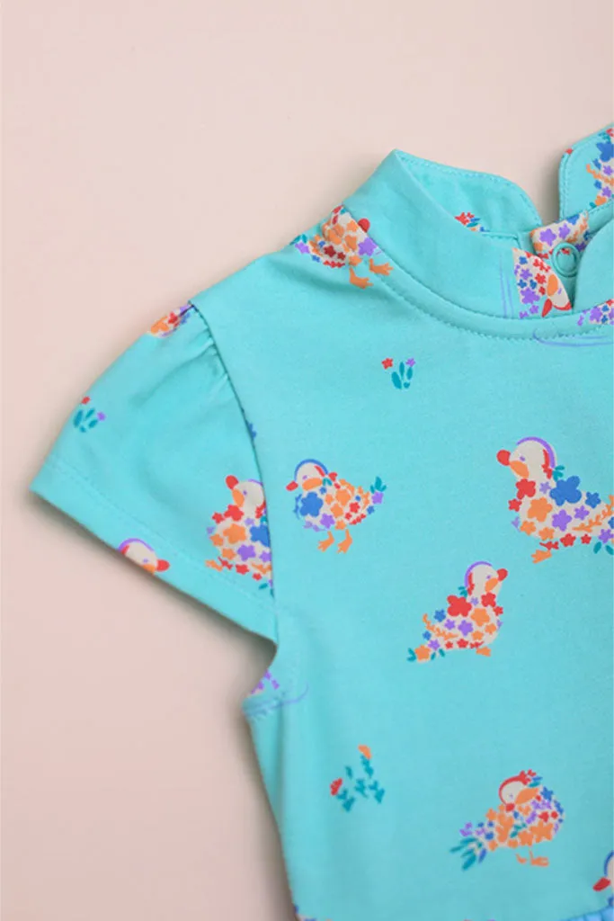 Mandarin-collared Tulle Onesie - Turquoise Mandarin Ducks