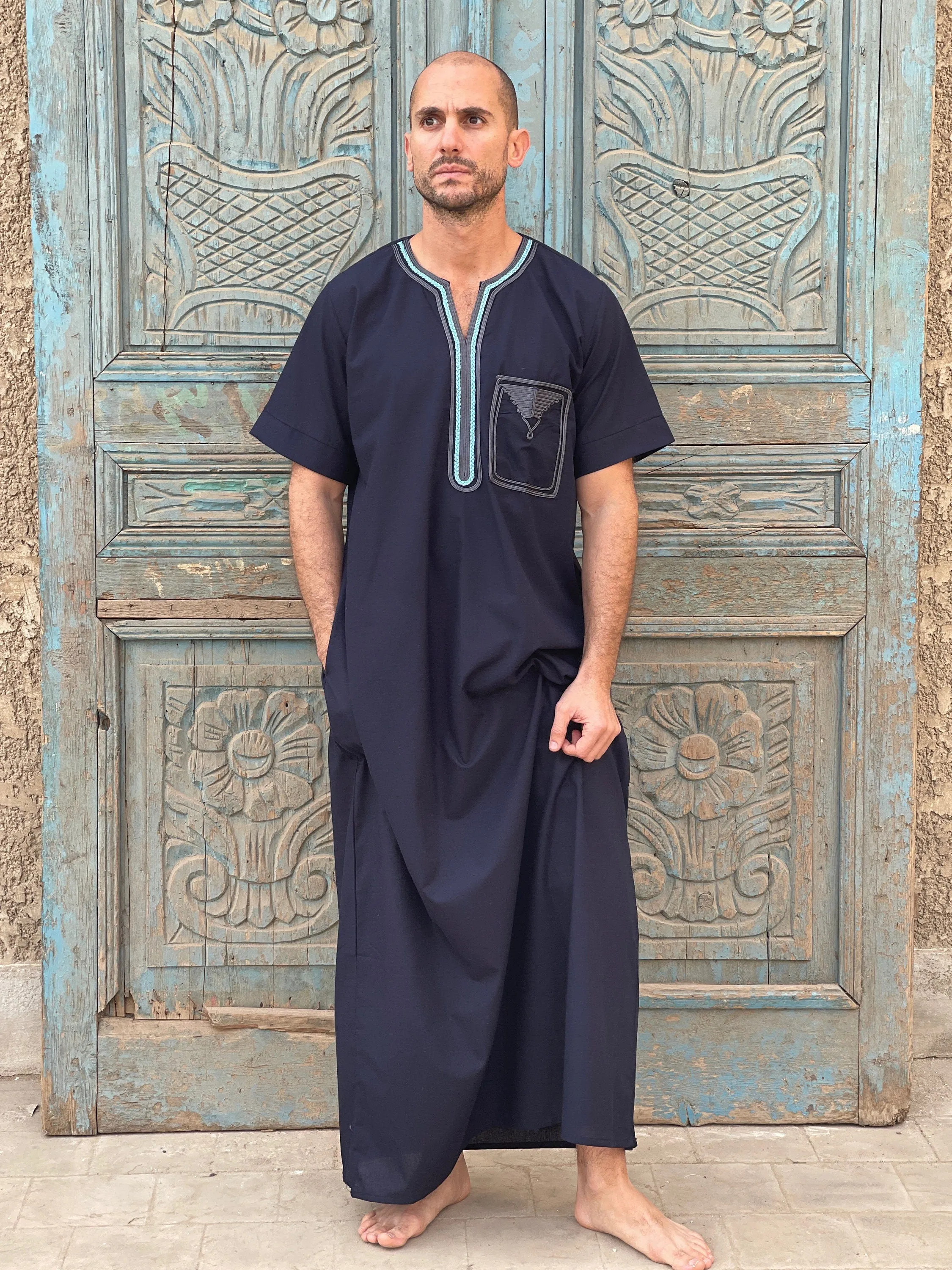 Navy Blue embroidered cotton men caftan, caftan, Cotton men caftan, caftans for men,  men clothing, gift for men, husband gift, gift for him