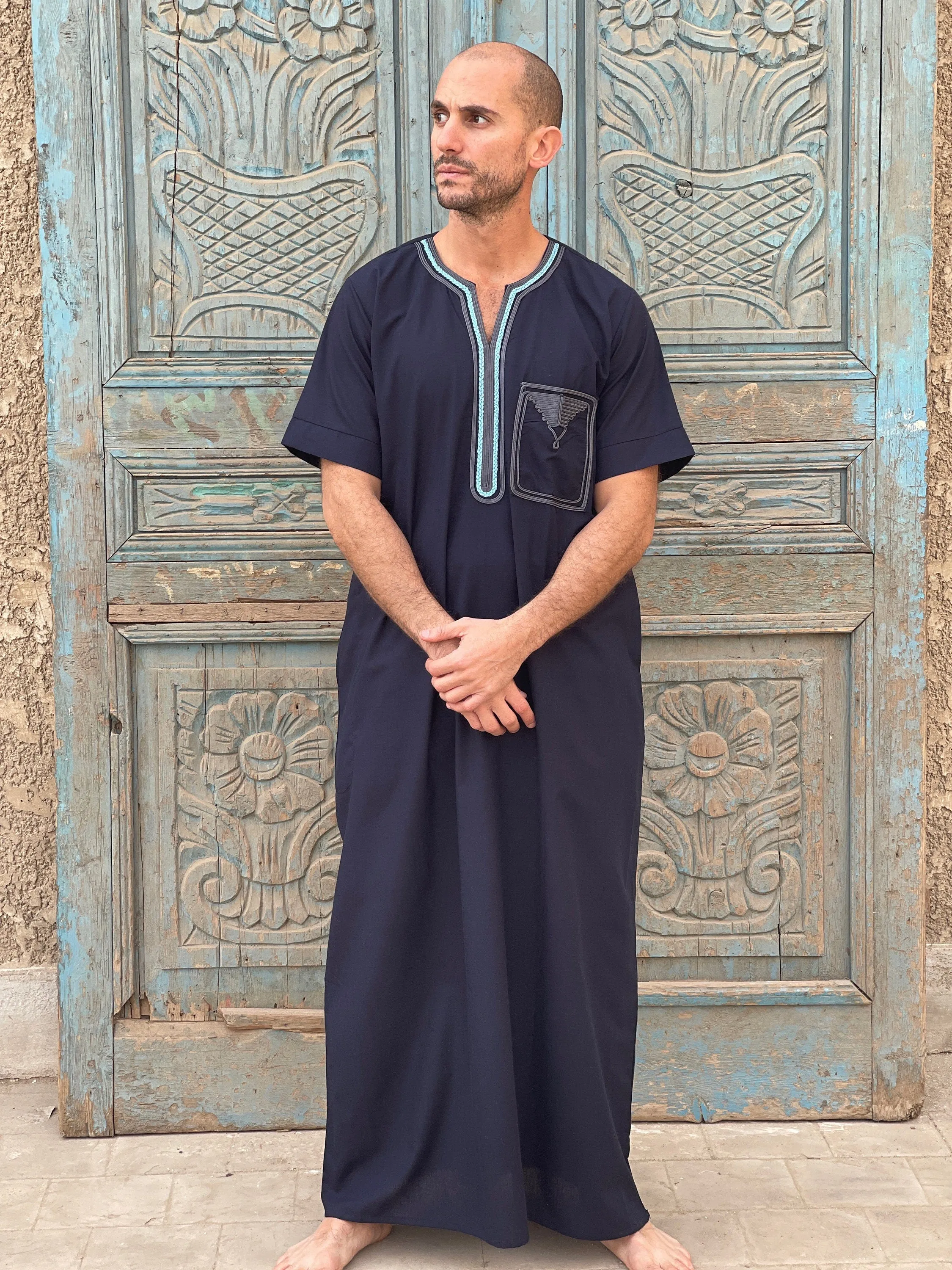 Navy Blue embroidered cotton men caftan, caftan, Cotton men caftan, caftans for men,  men clothing, gift for men, husband gift, gift for him