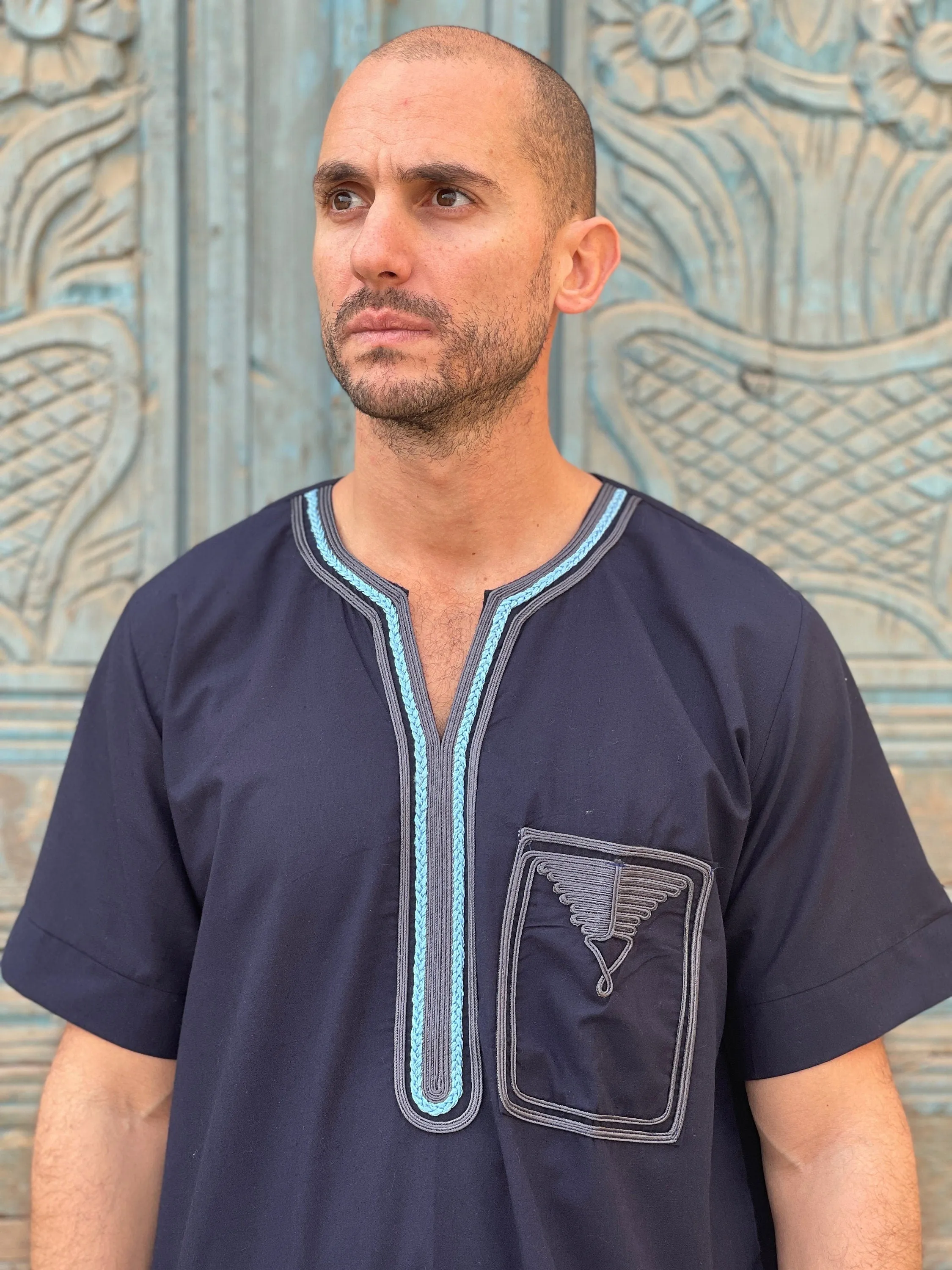 Navy Blue embroidered cotton men caftan, caftan, Cotton men caftan, caftans for men,  men clothing, gift for men, husband gift, gift for him