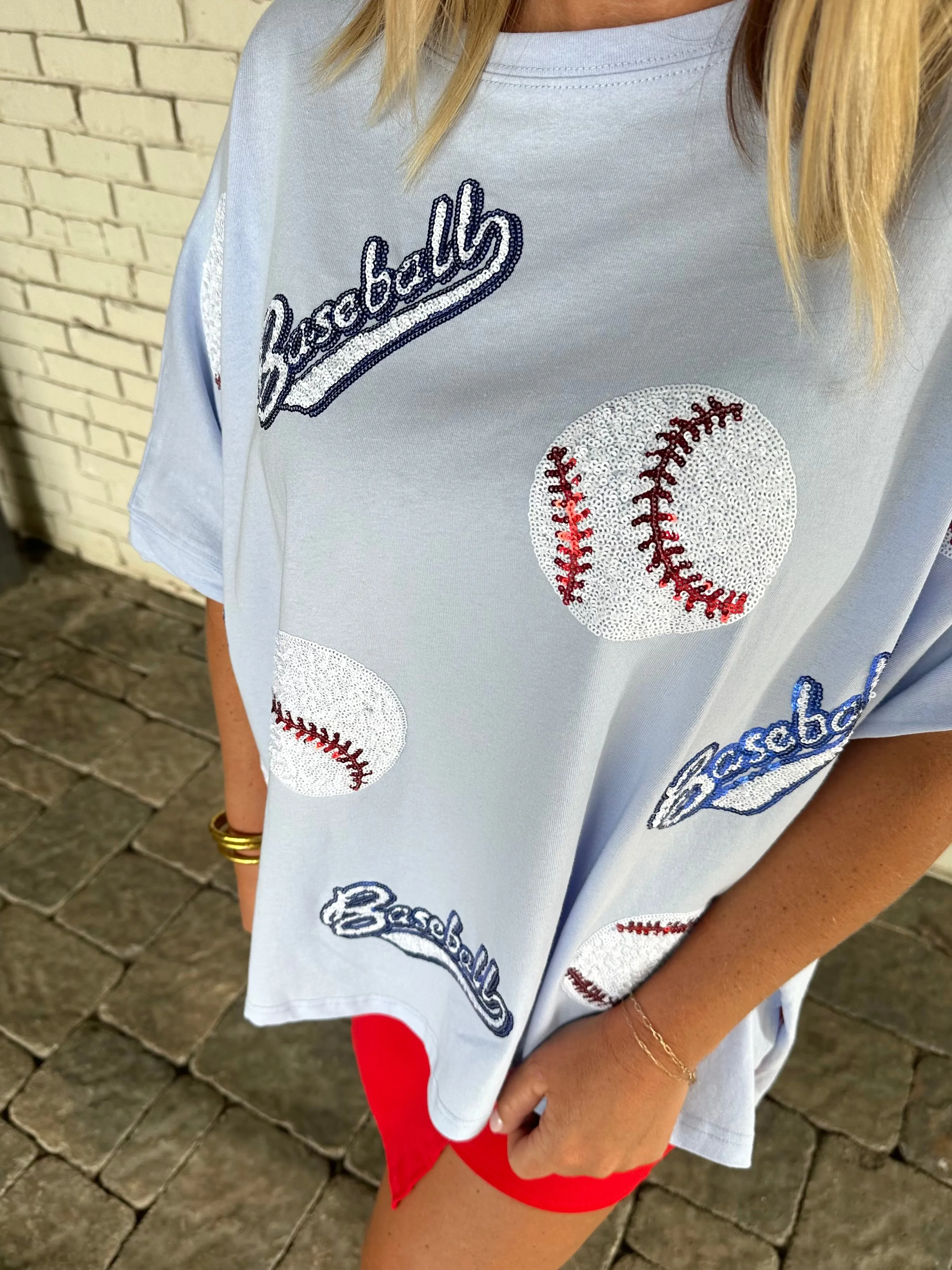 No Crying In Baseball Cotton Loose Fit Short Sleeve Sequin Top