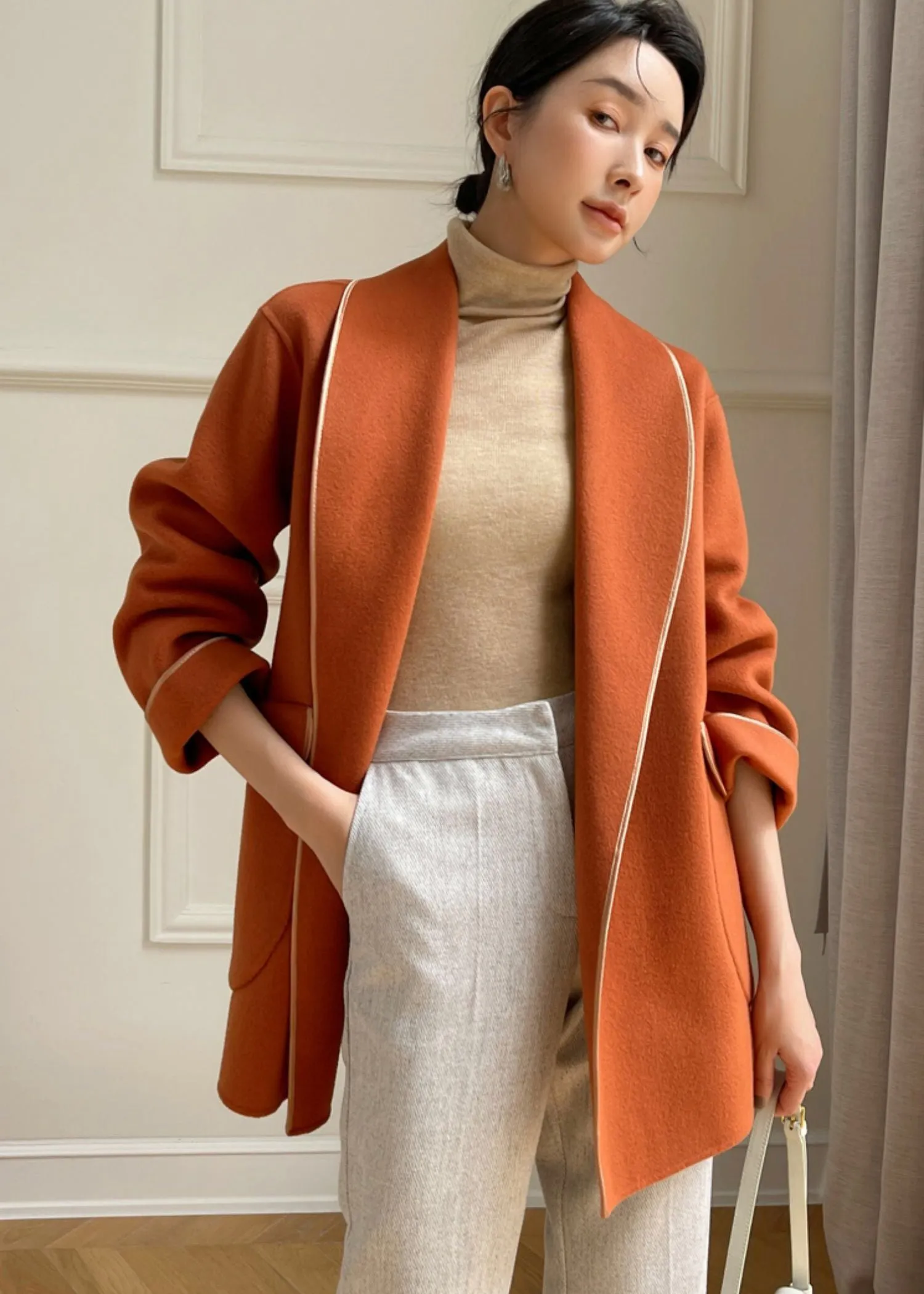 Noelle Belted Wool Blend Shawl Collar Coat