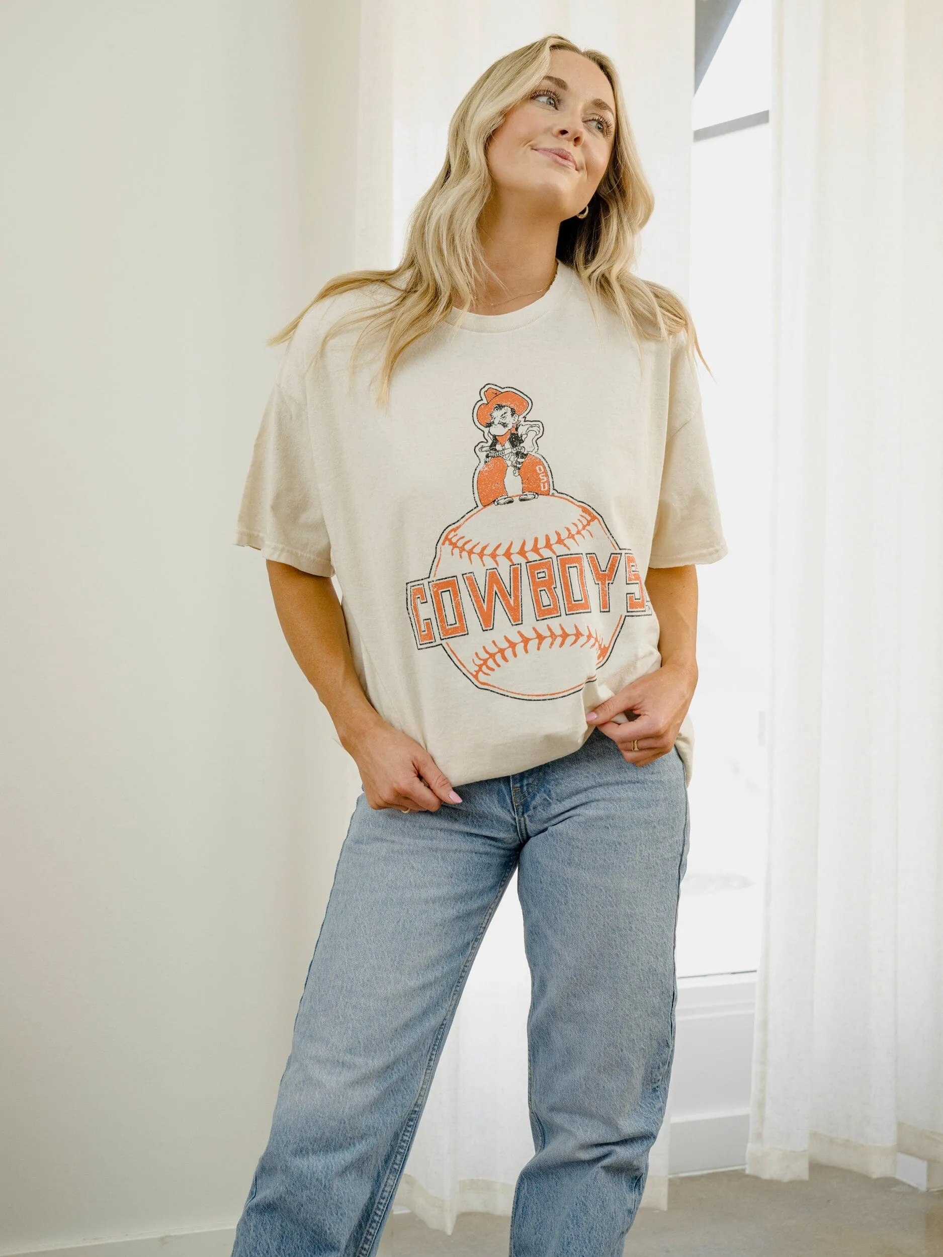 OSU Cowboys Mascot Baseball Off White Thrifted Tee