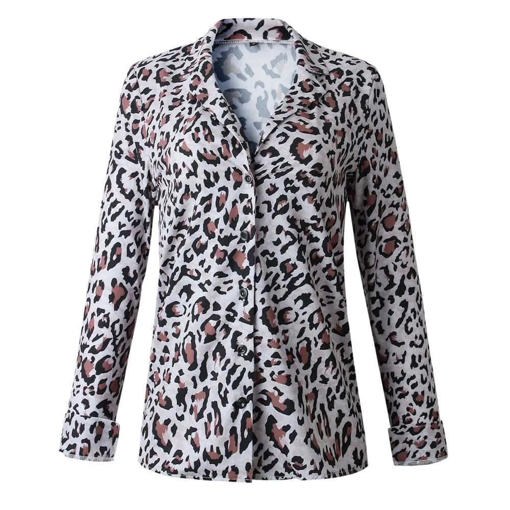 Oversized Retro Long Sleeve Leopard Print Button Up Shirt Womens