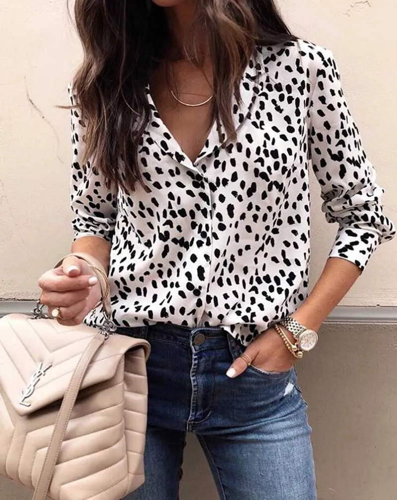 Oversized Retro Long Sleeve Leopard Print Button Up Shirt Womens