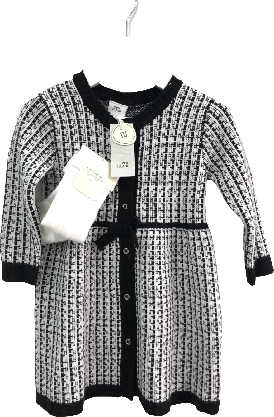 River Island Black Baby Girls Check Knit Cardi Dress Set 9-12 Months