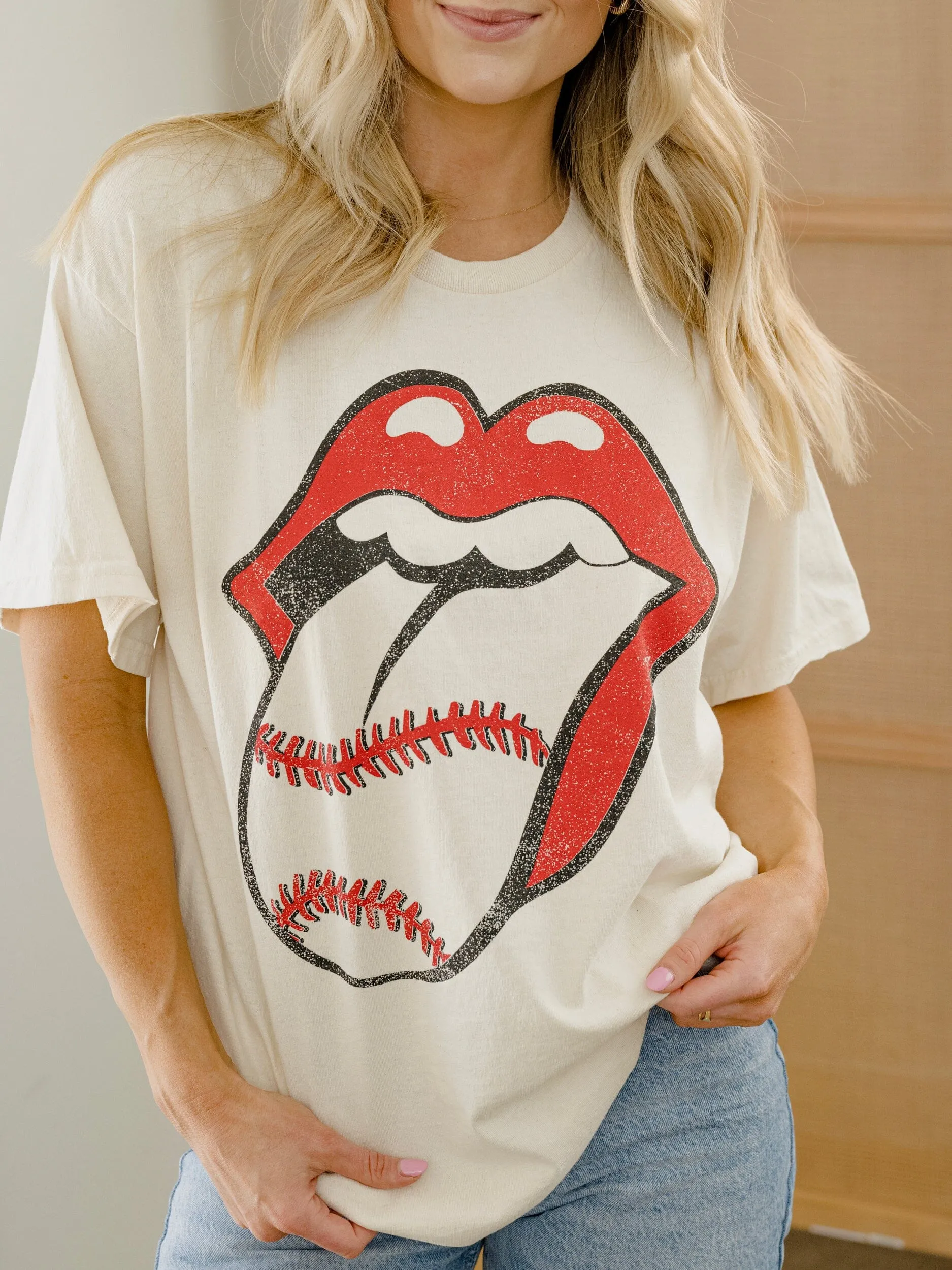 Rolling Stones Baseball Lick Off White Thrifted Distressed Tee