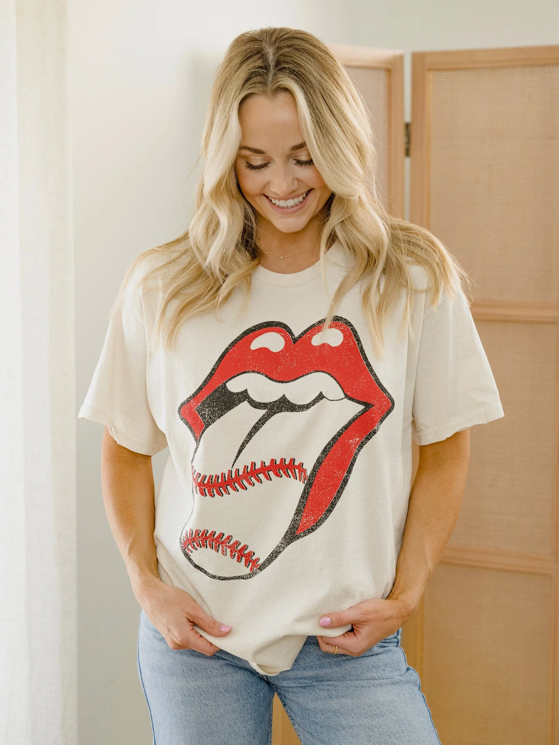 Rolling Stones Baseball Lick Off White Thrifted Distressed Tee