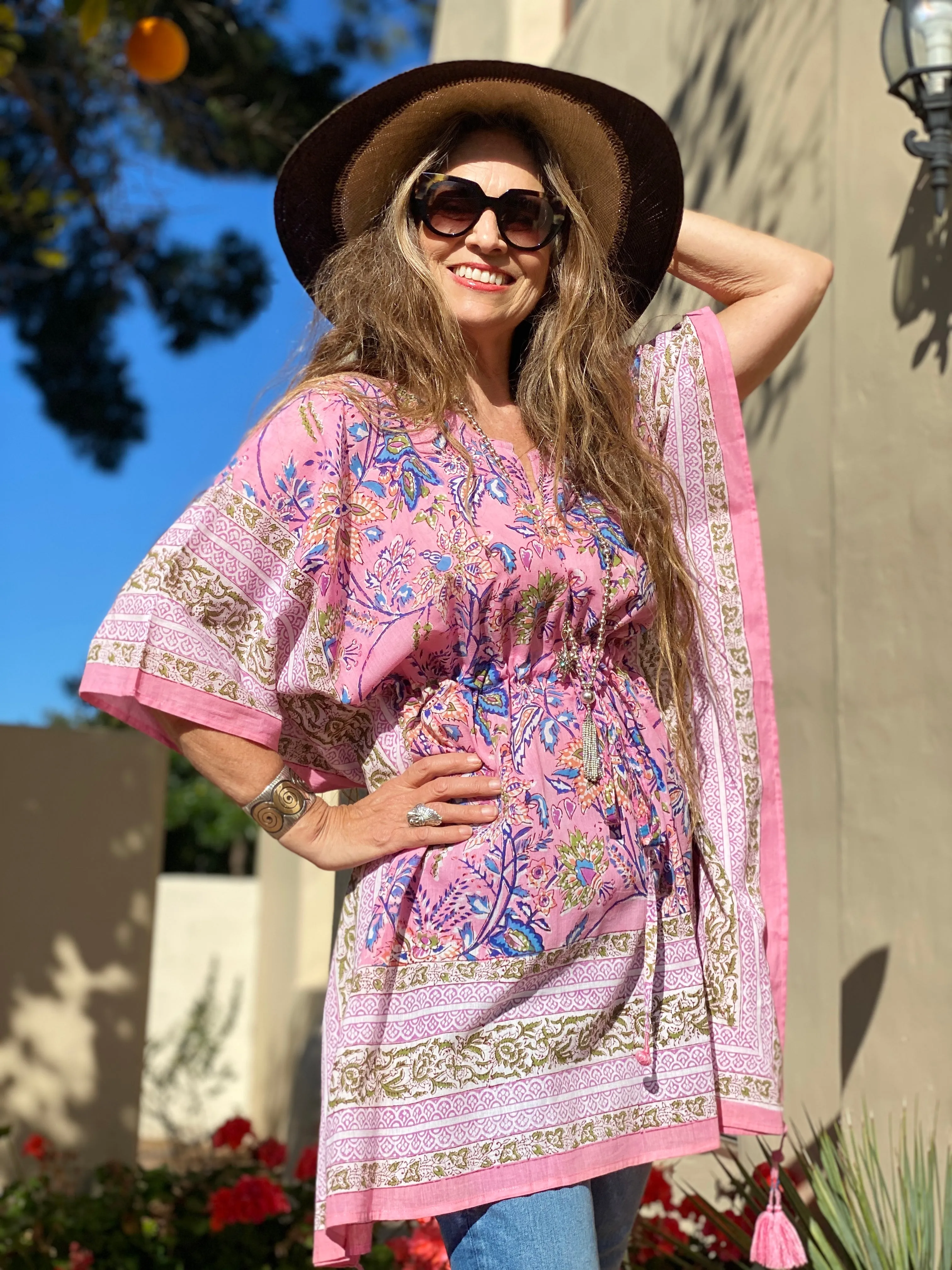 Rosa Tropicale Short Cotton Kaftan