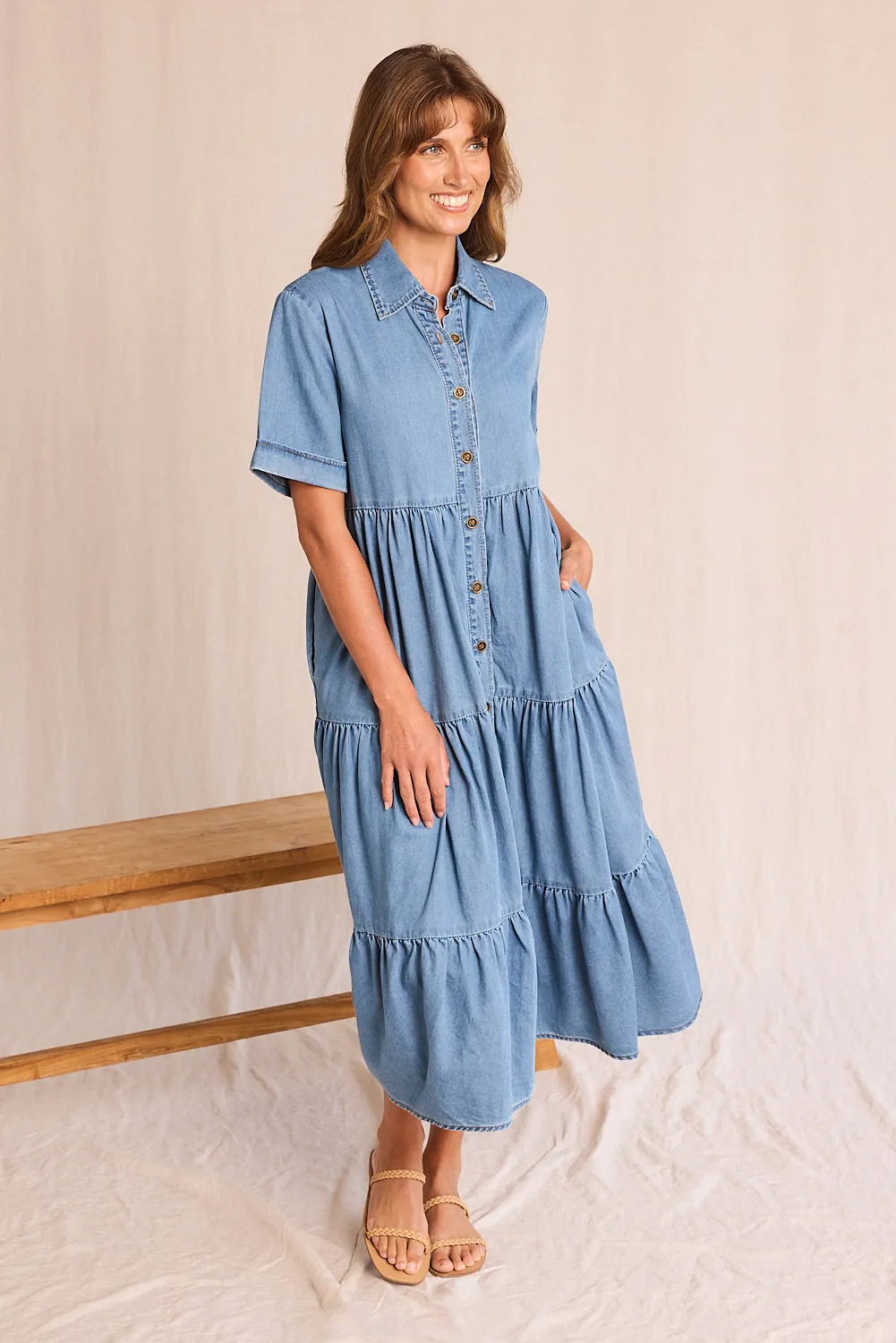 Sabre Chambray Button Through Dress in Light Wash