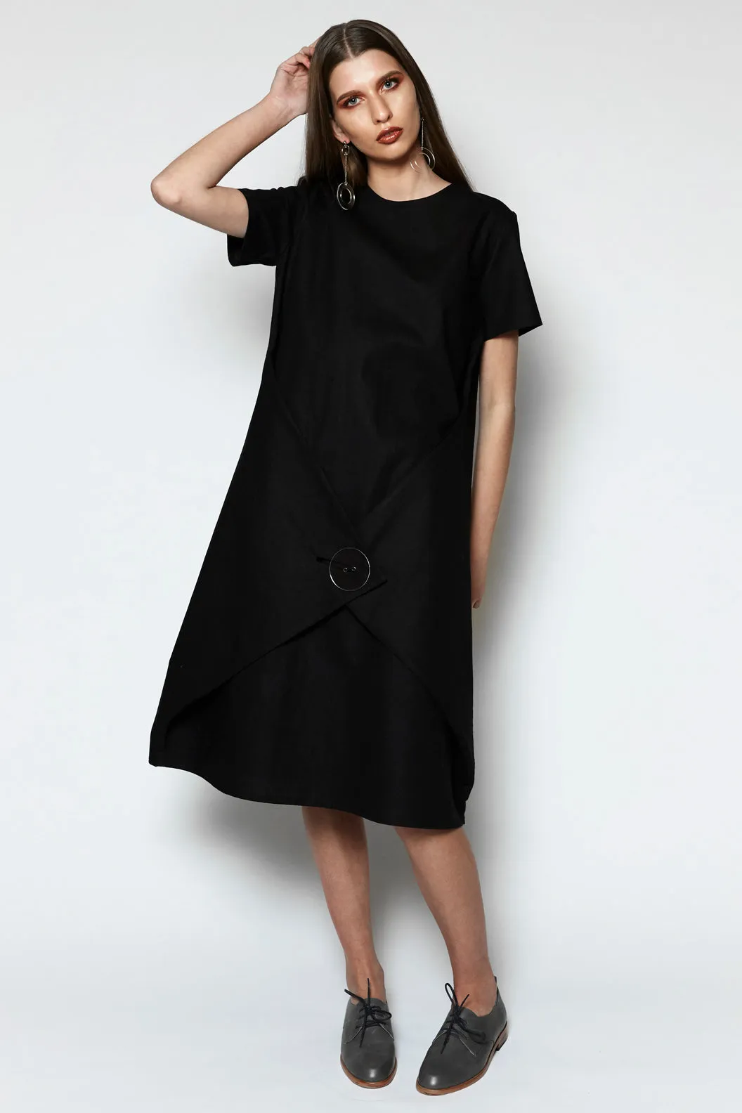 SHADOW DRESS [ Black Linen / Cotton, Short Sleeved, Wrap With Button ]