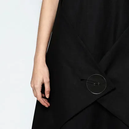 SHADOW DRESS [ Black Linen / Cotton, Short Sleeved, Wrap With Button ]