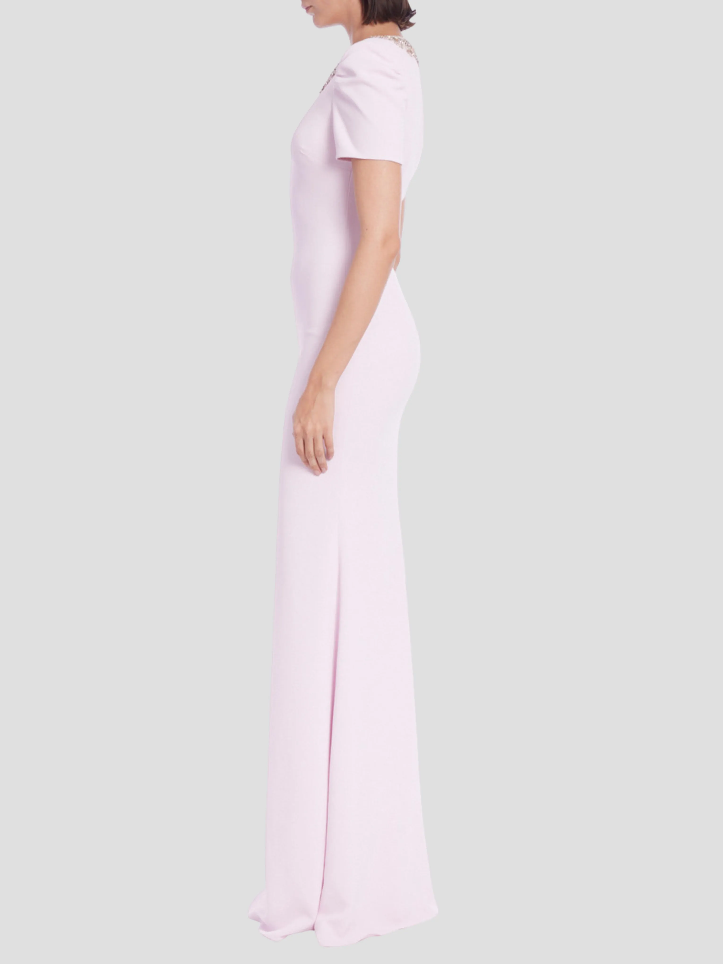 Short Sleeve Beaded Neckline Column Gown