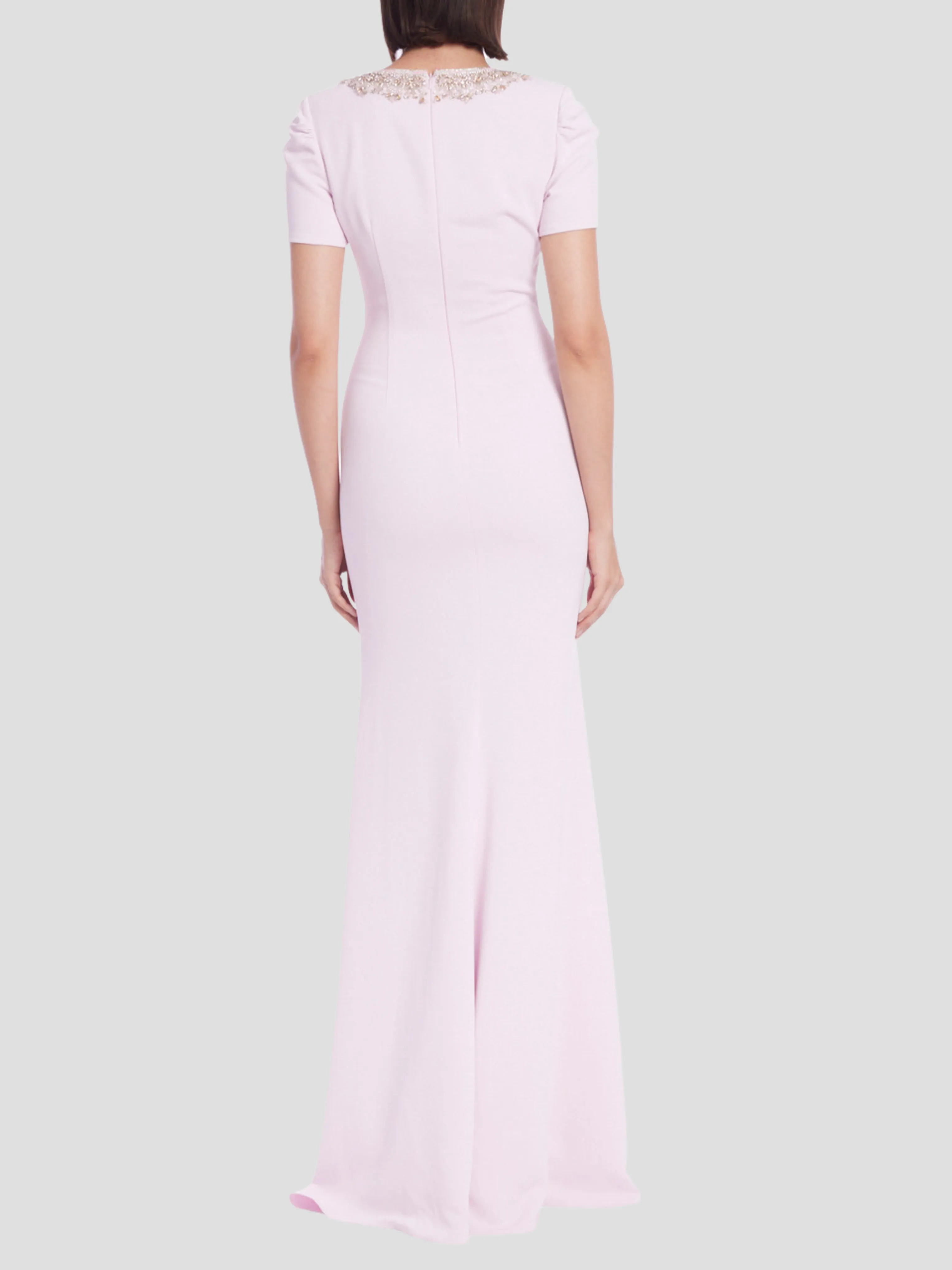 Short Sleeve Beaded Neckline Column Gown