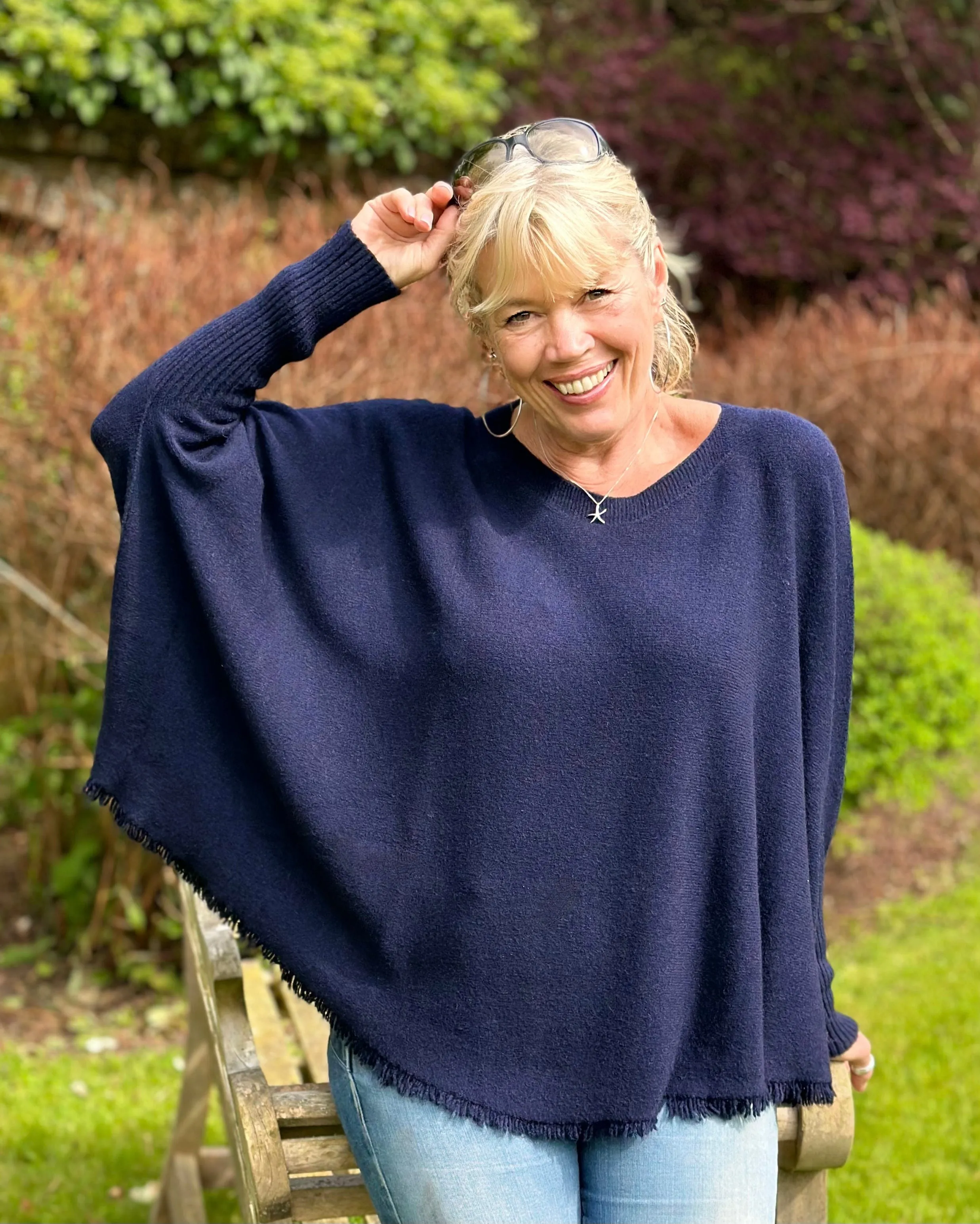 Slash Neck Fringed Poncho Jumper - Navy