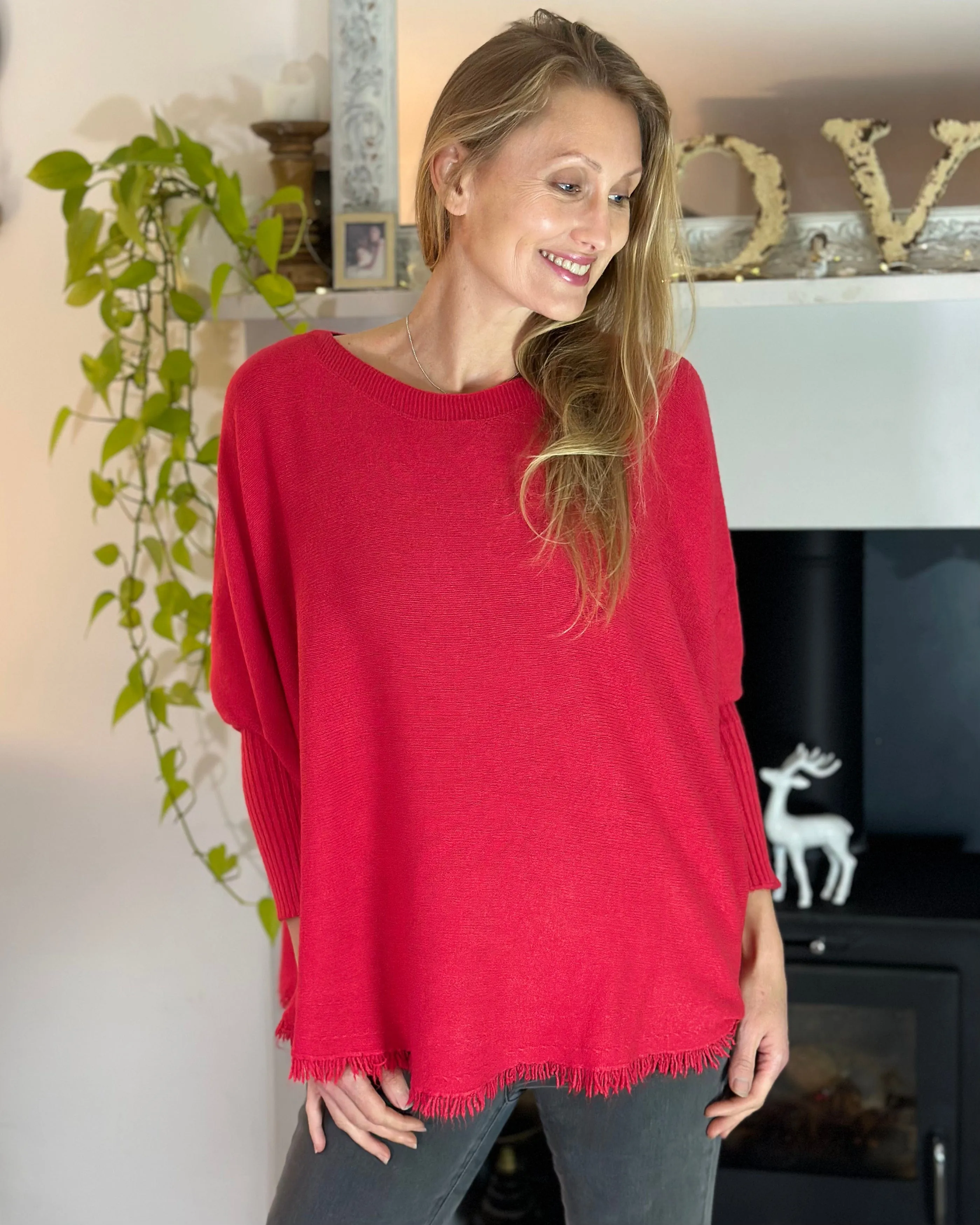 Slash Neck Fringed Poncho Jumper - Red