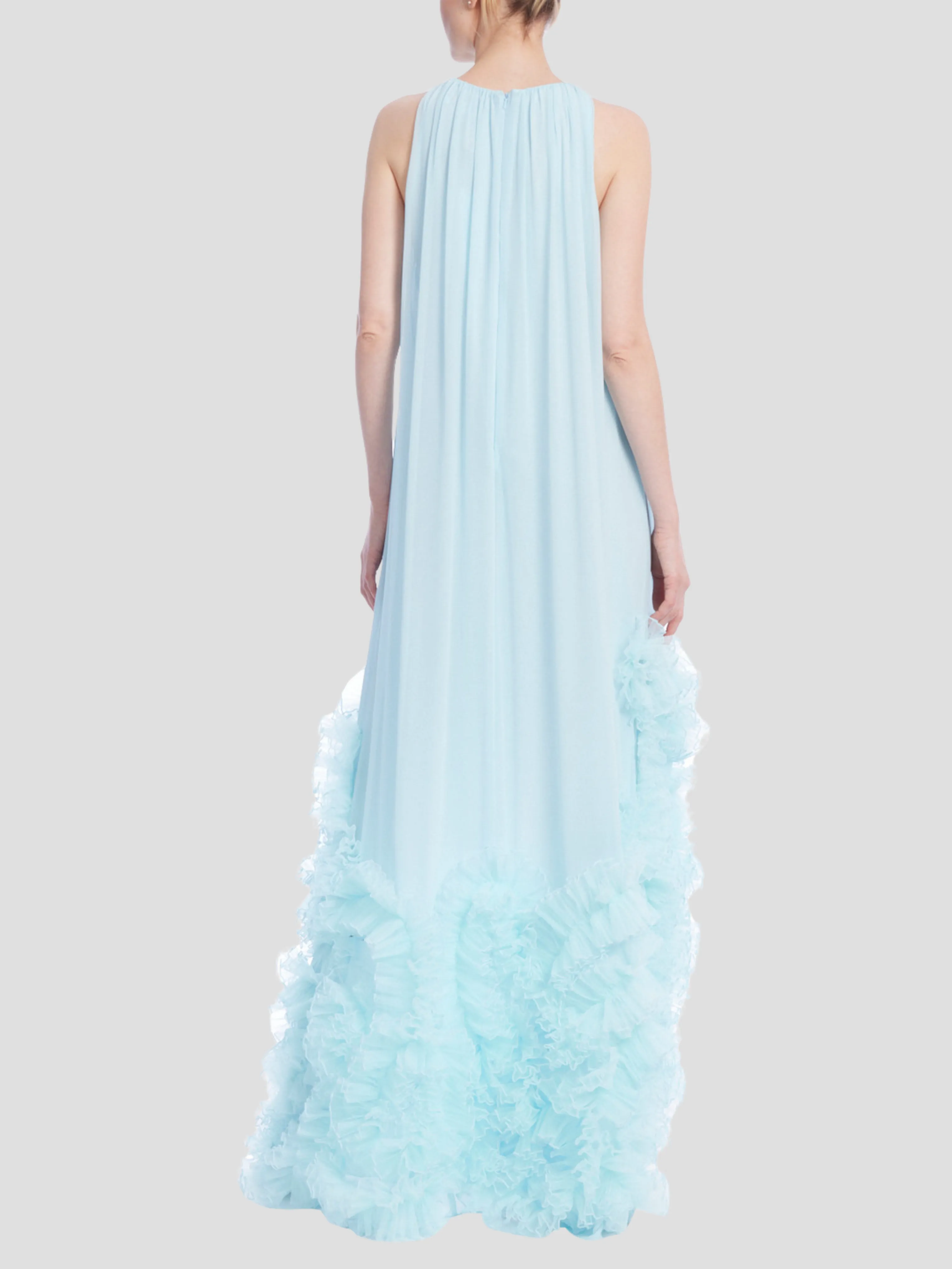 Sleeveless High-Low Dress with Tulle Ruffle Hem in Ice Blue