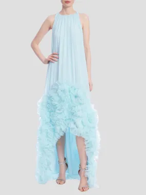 Sleeveless High-Low Dress with Tulle Ruffle Hem in Ice Blue