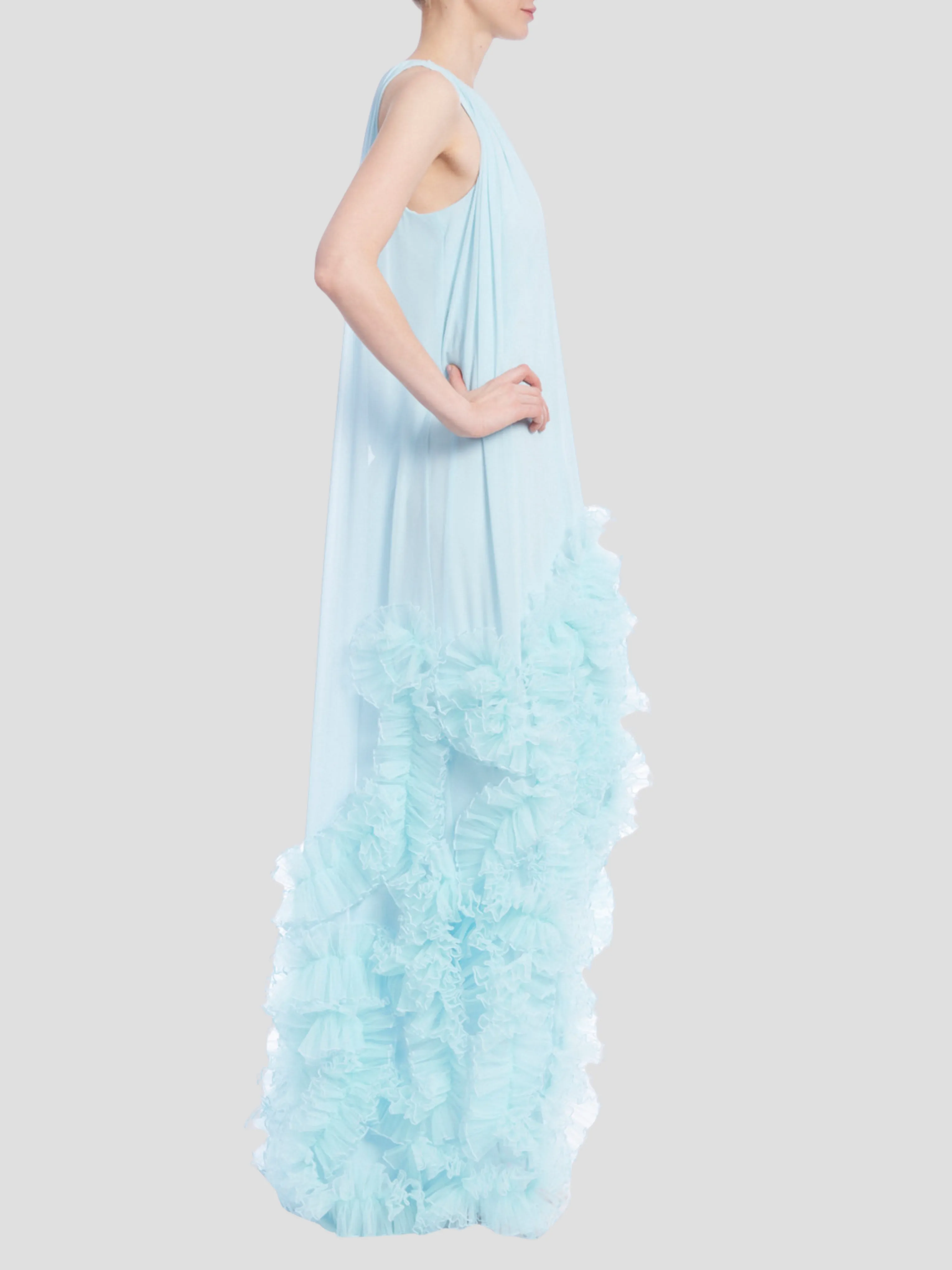 Sleeveless High-Low Dress with Tulle Ruffle Hem in Ice Blue