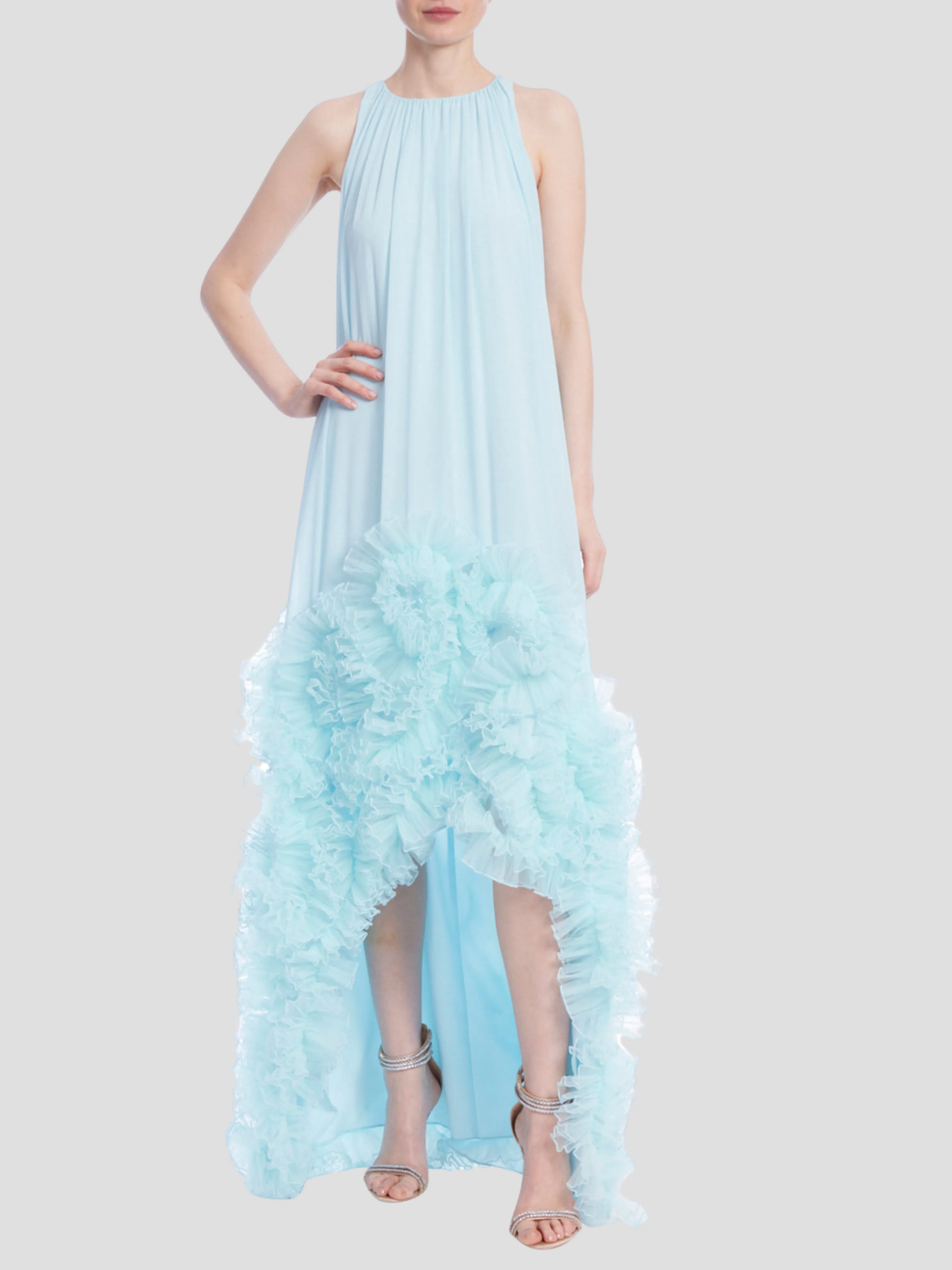 Sleeveless High-Low Dress with Tulle Ruffle Hem in Ice Blue