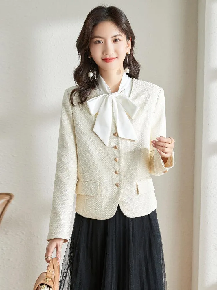 Spring Cream Tweed Jacket Blue Striped Cardigan Blazer Coat