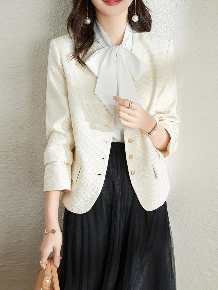 Spring Cream Tweed Jacket Blue Striped Cardigan Blazer Coat