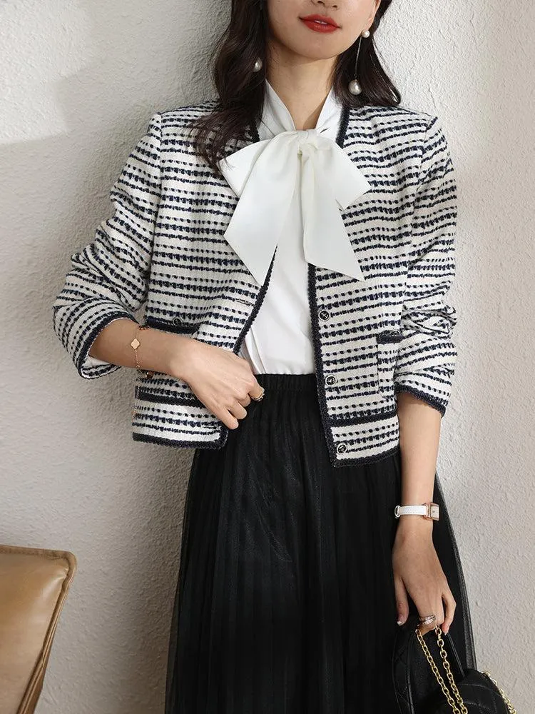 Spring Cream Tweed Jacket Blue Striped Cardigan Blazer Coat