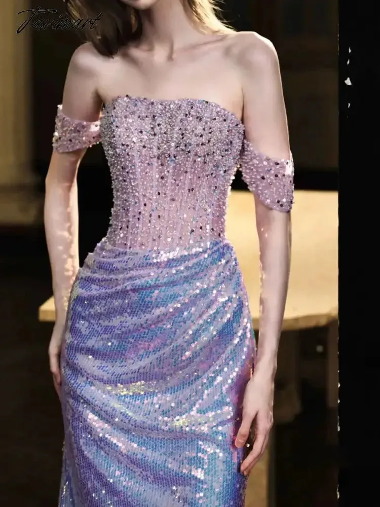 TAVIMART  -  Purple Shiny Prom Dresses Strapless Off Shoulder Beading Sequin Mermaid Floor Length Annual Meeting Host Formal Evening Gowns