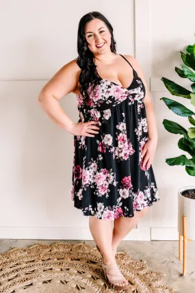 Twist Front Babydoll Dress In Black & Pink Florals*