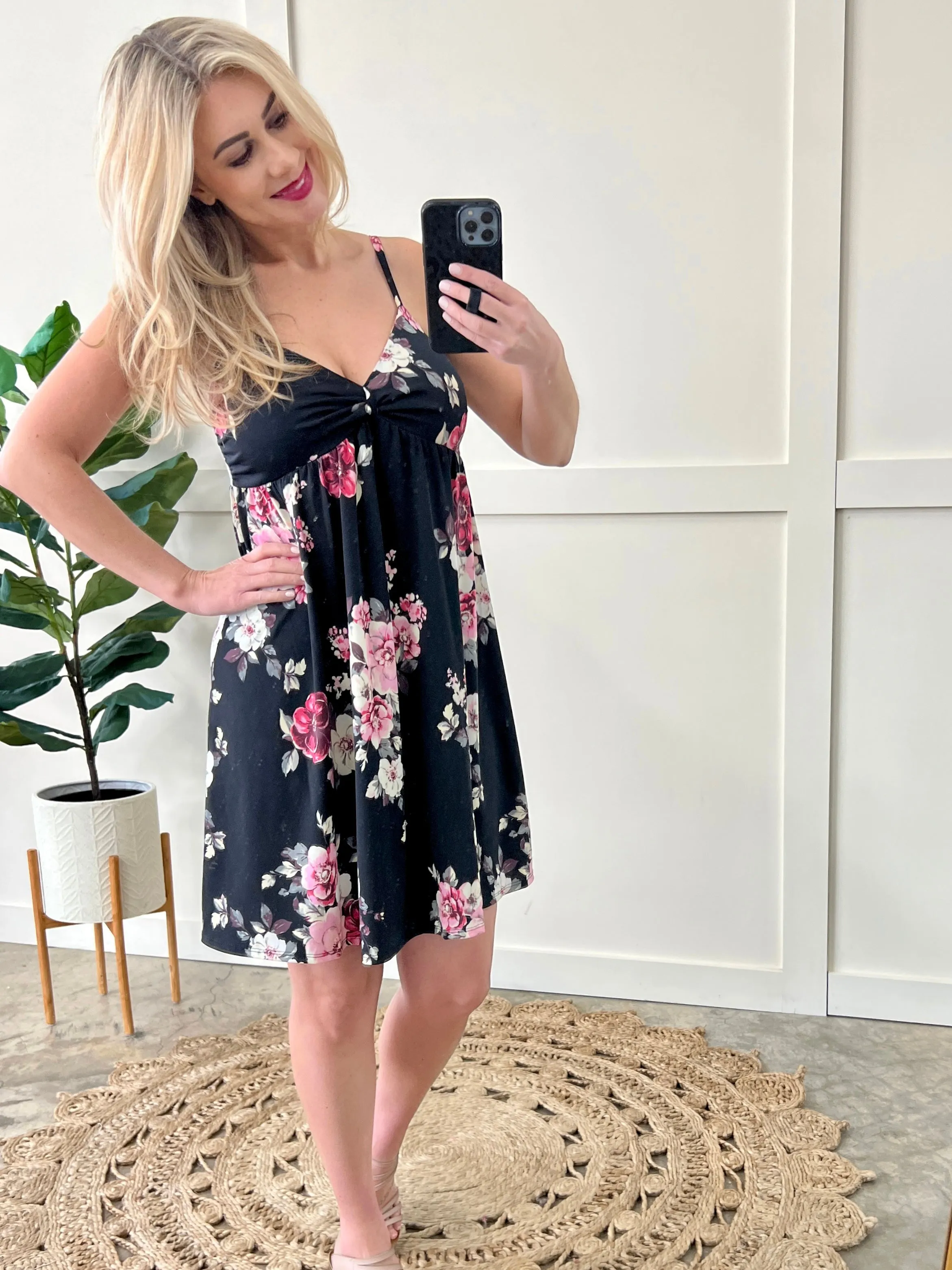 Twist Front Babydoll Dress In Black & Pink Florals*