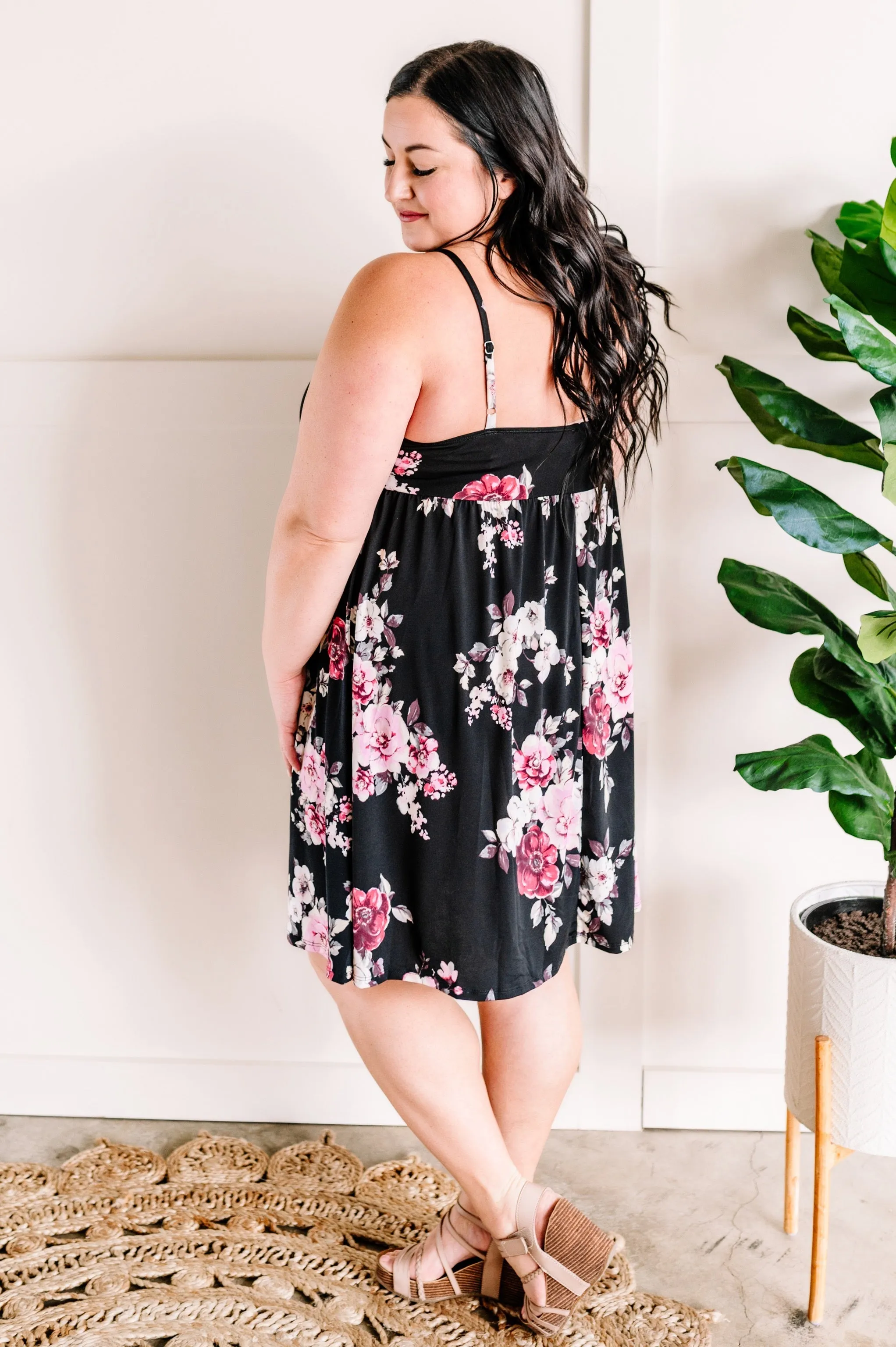 Twist Front Babydoll Dress In Black & Pink Florals*