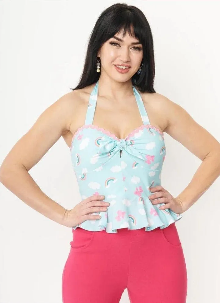 Unique Vintage Aqua & Rainbow Print Peplum Halter Top