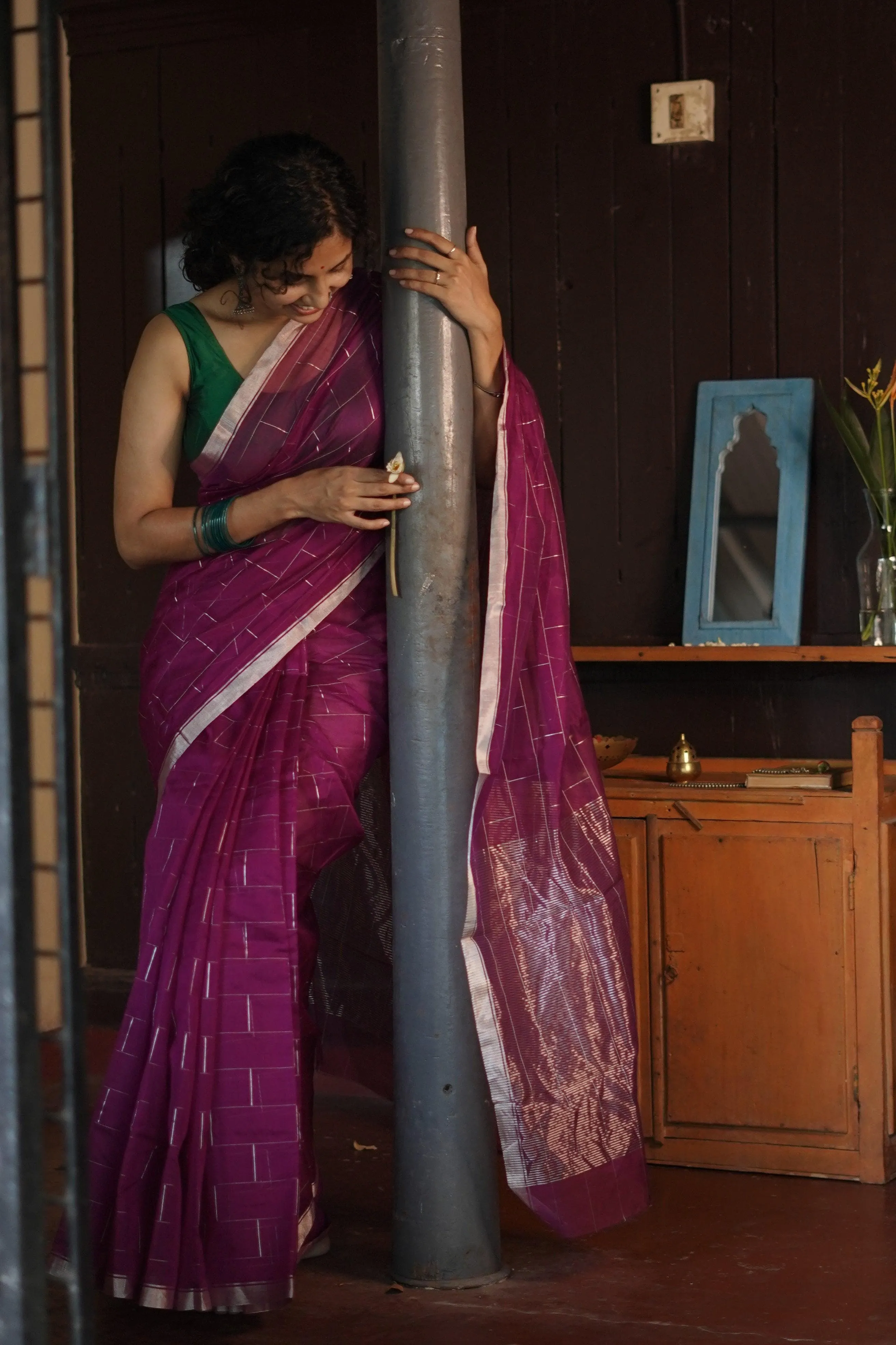 Utsav Pink silk cotton silver Zari Chanderi Saree