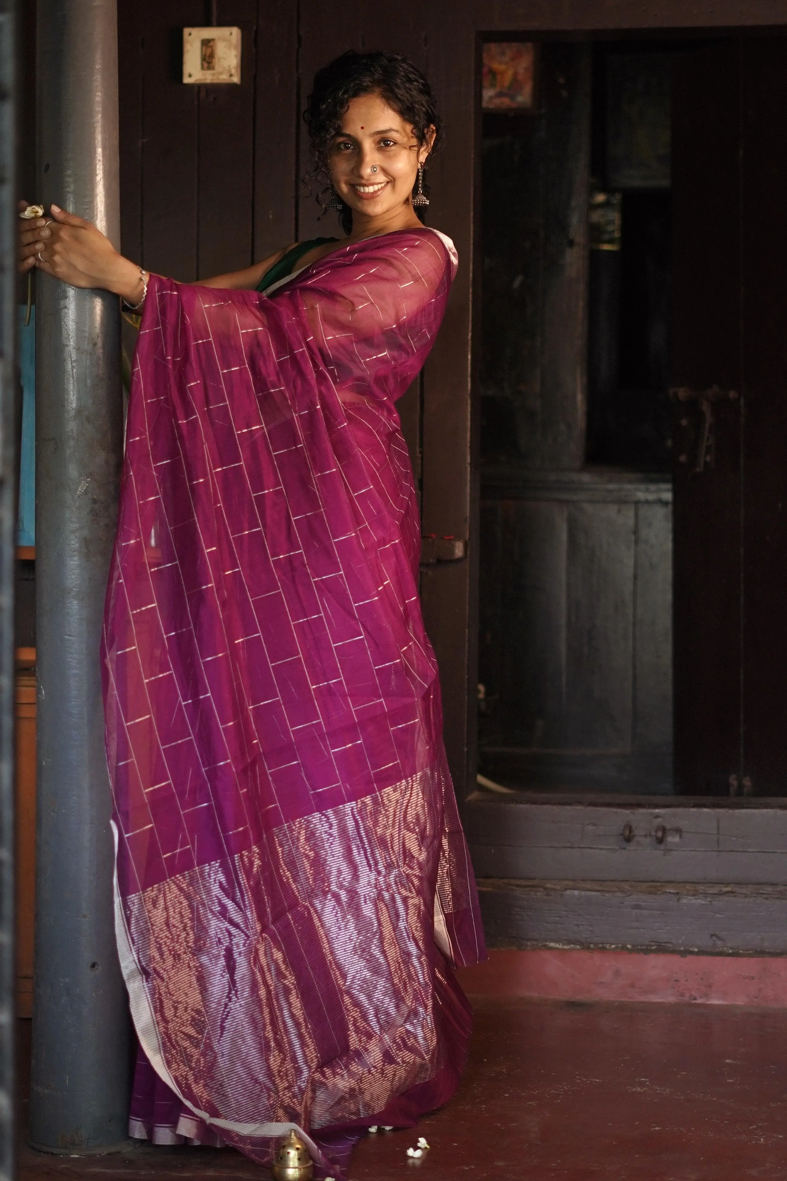 Utsav Pink silk cotton silver Zari Chanderi Saree