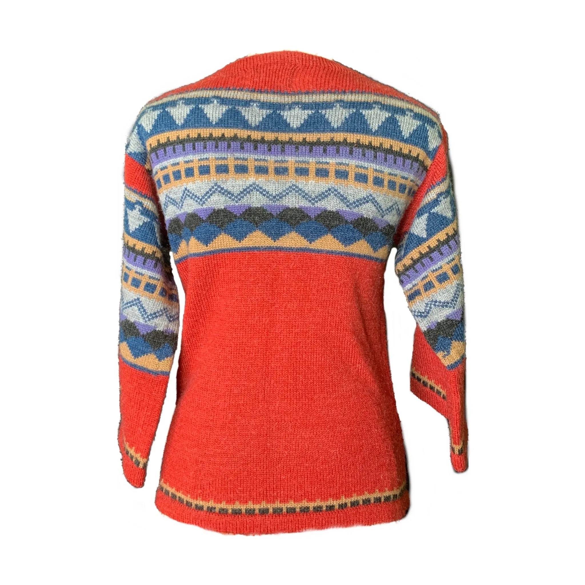 Vintage 1970s Southwestern Sweater by Western Fareast. Red Blue and Tan Aztec Design. Fall Fashion.