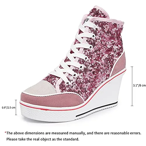 Women's Canvas High-Heeled Bling Shoes Casual Shoes Fashion Sparkling Sneakers for Walking Platform Wedges Pump Shoes Pink, 8