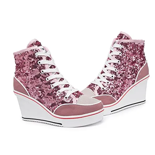 Women's Canvas High-Heeled Bling Shoes Casual Shoes Fashion Sparkling Sneakers for Walking Platform Wedges Pump Shoes Pink, 8