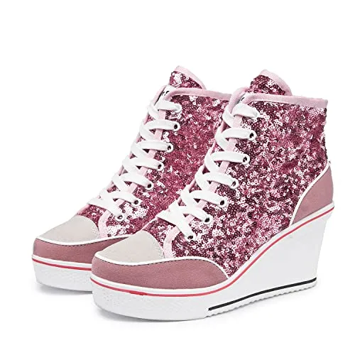 Women's Canvas High-Heeled Bling Shoes Casual Shoes Fashion Sparkling Sneakers for Walking Platform Wedges Pump Shoes Pink, 8